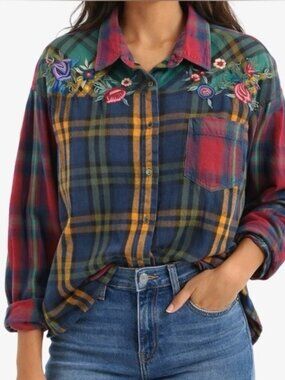 Qps L VTG Embroidered Plaid Women's Button Up Top Rodeo Boho Festival Western